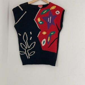 Vintage Artsy Abstract Design Grandma Oversized Sweater Knit Vest Size Medium